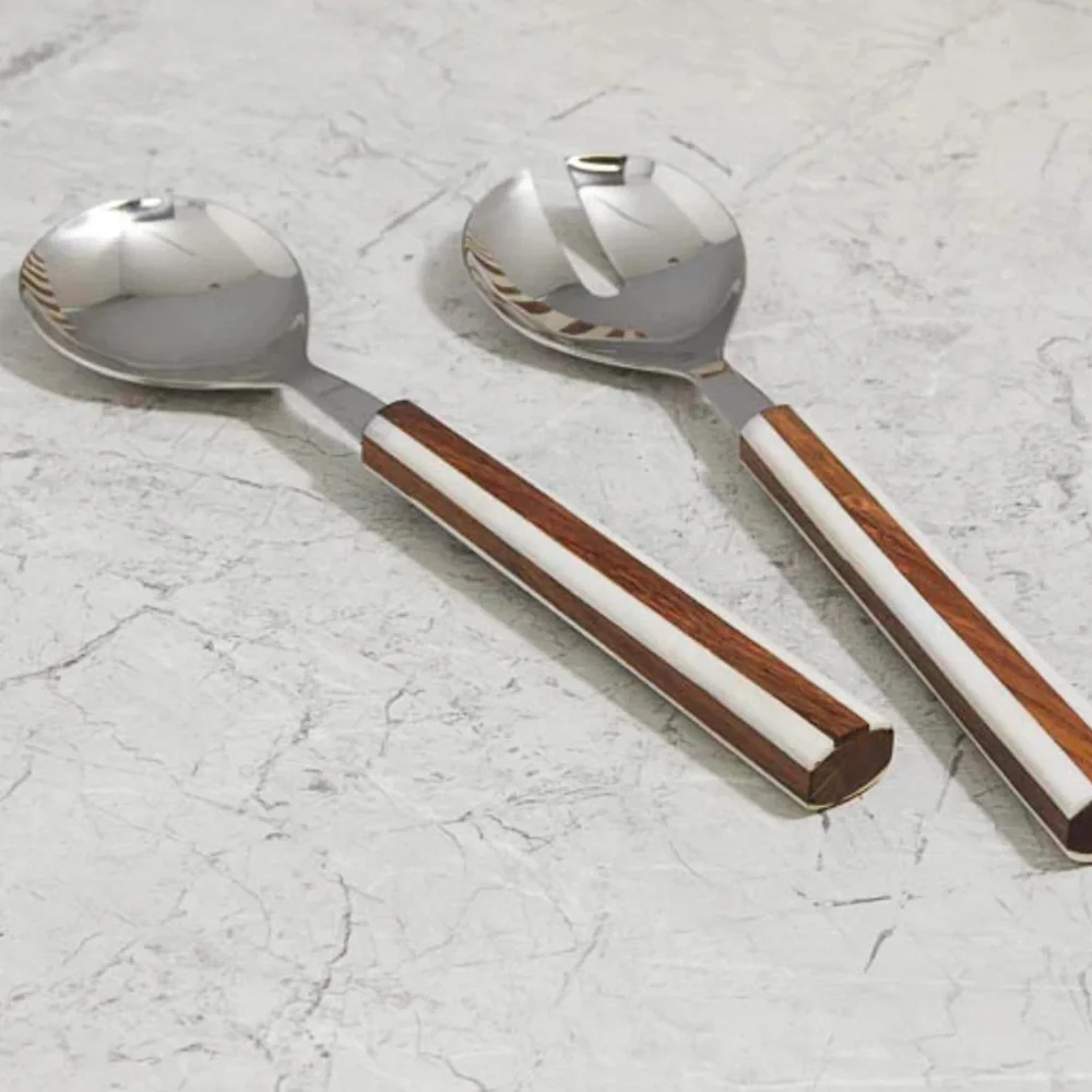 NWT Lyra Inlay Wood Serving Set.  Stainless Steel 11.14” Timeless | Classic
